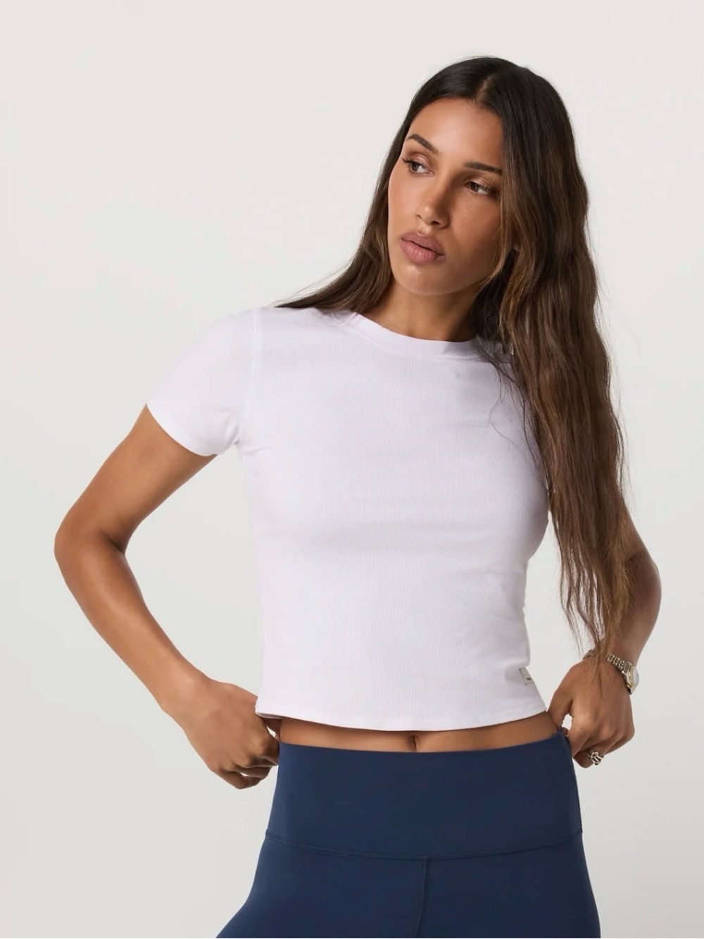 Vuori Pose White Ribbed Fitted Short Sleeve Crop Tee